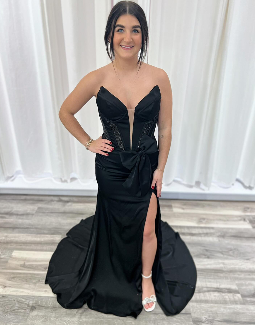 Sparkly Black Mermaid Strapless Sequined Slit Long Prom Dress with Bow