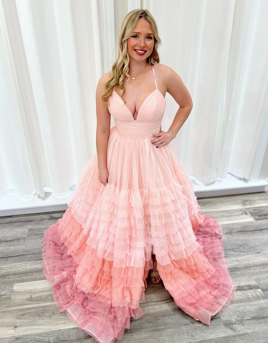 Graceful Pink A-Line Strapless V-Neck Tulle Pleating Long Prom Dress with Slit