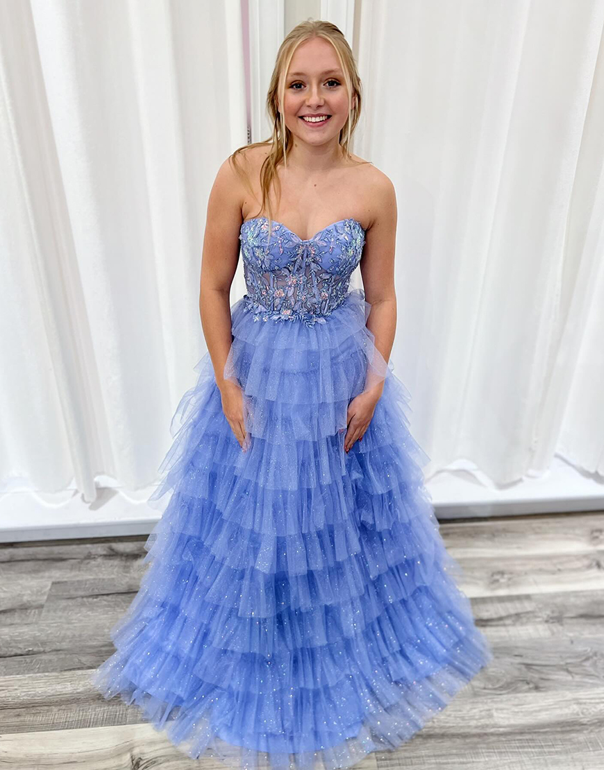 Sparkly Blue A-Line Strapless Tulle Pleating Long Prom Dress with Appliques