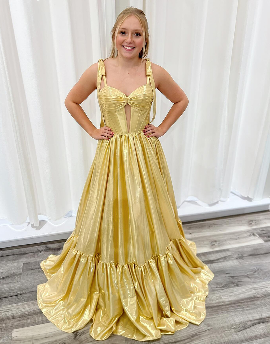 Elegant A-Line Gold Straps Satin Long Prom Dress with Ruffle