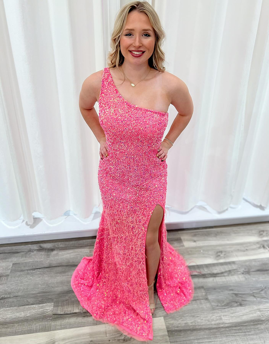 Sparkly Pink Mermaid One Shoulder Sequin  Long Prom Dress with Slit