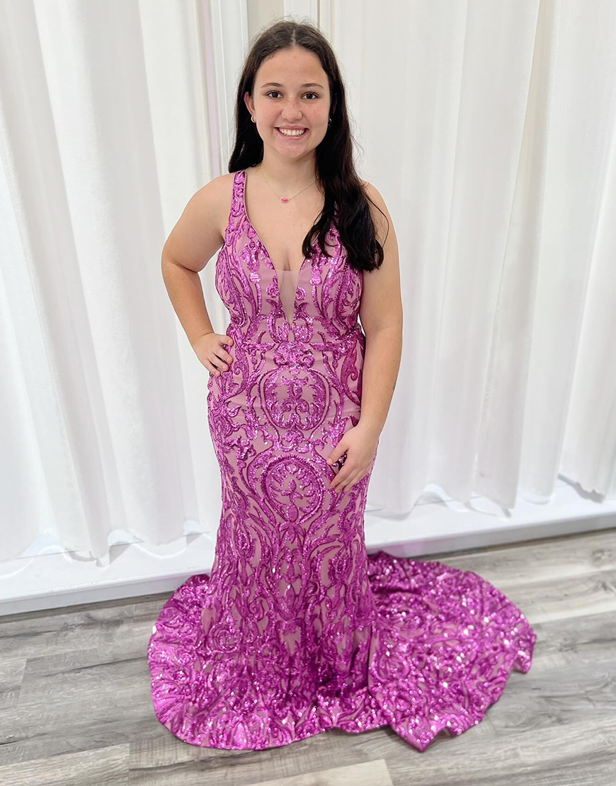 Sparkly Hot Pink Mermaid Straps V-Neck Sequin  Long Prom Dress with Appliques