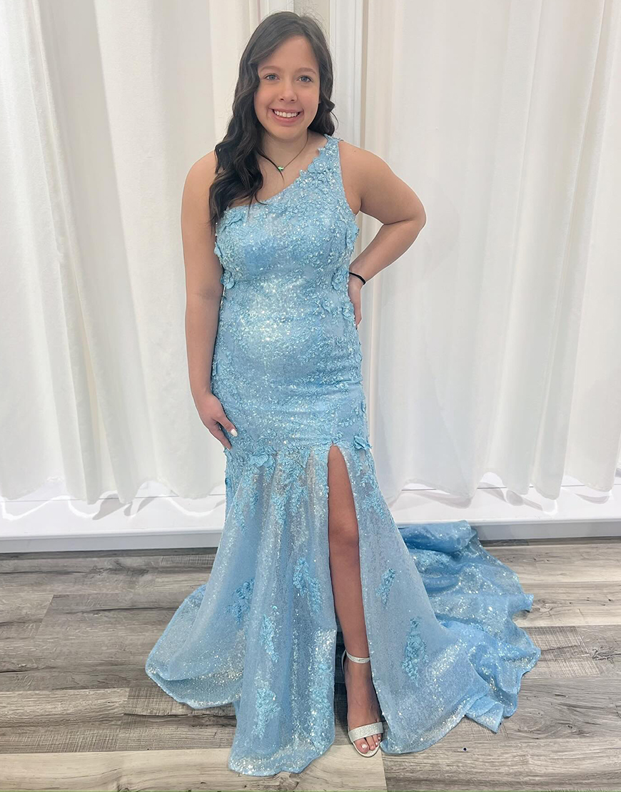 Sparkly Blue Mermaid One Shoulder Sequin Slit Long Prom Dress with Appliques