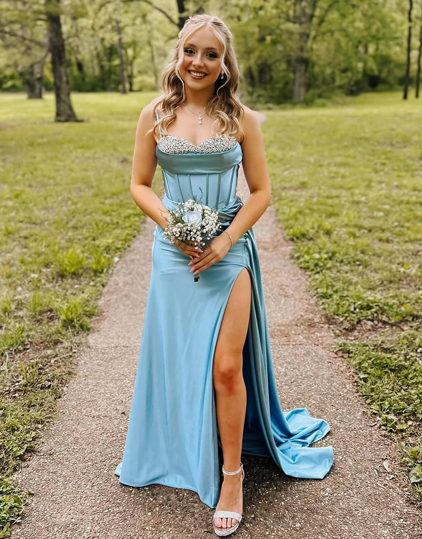 Sparkly Blue Mermaid Spaghetti Straps Rhinestone Corset Long Prom Dress with Slit