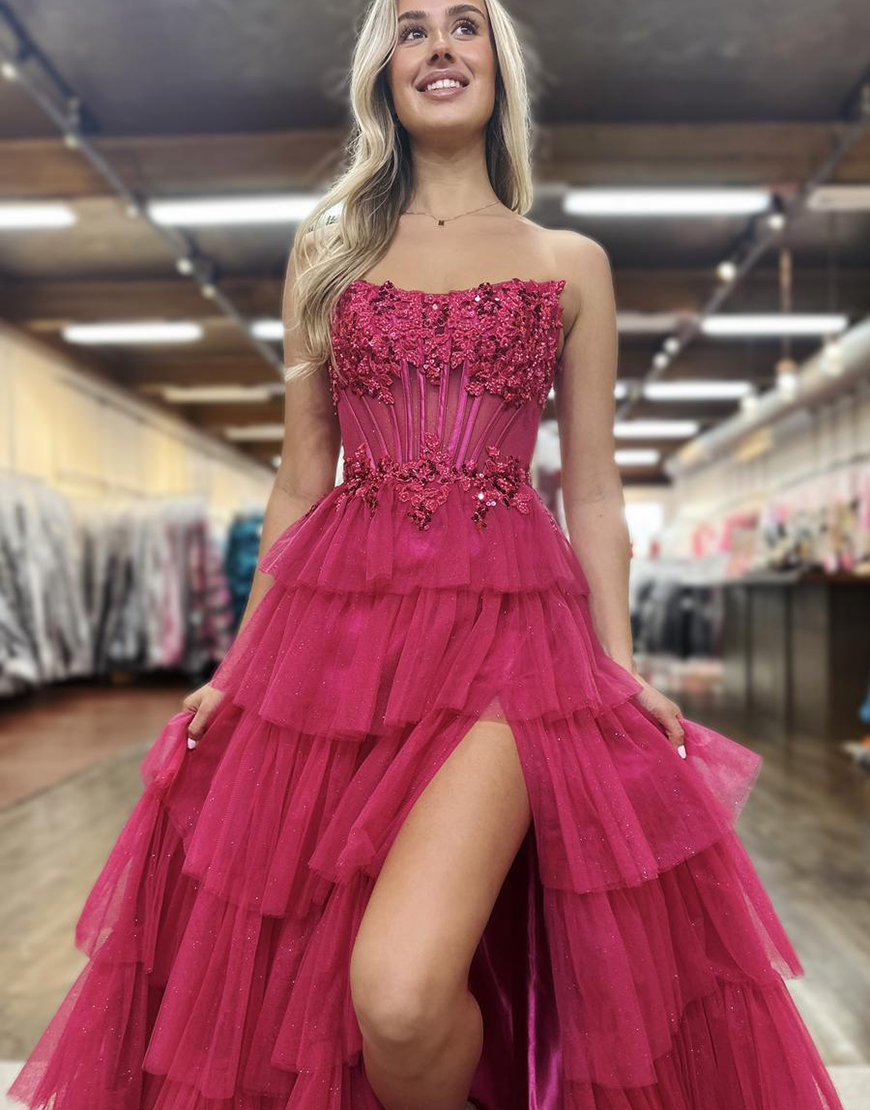 Sparkly Fuchsia A-Line Strapless Corset Ruffles Appliques Long Prom Dress with Appliques