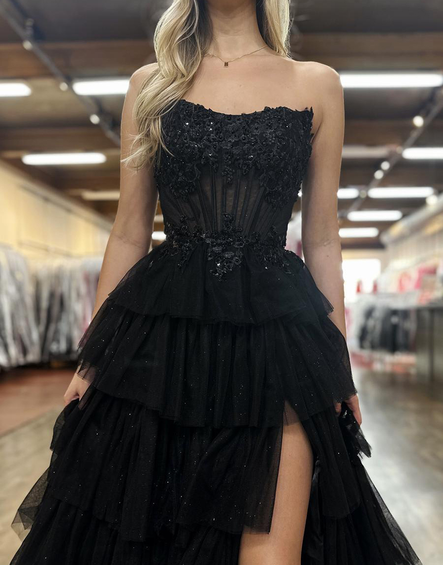 Sparkly Fuchsia A-Line Strapless Corset Ruffles Appliques Long Prom Dress with Appliques