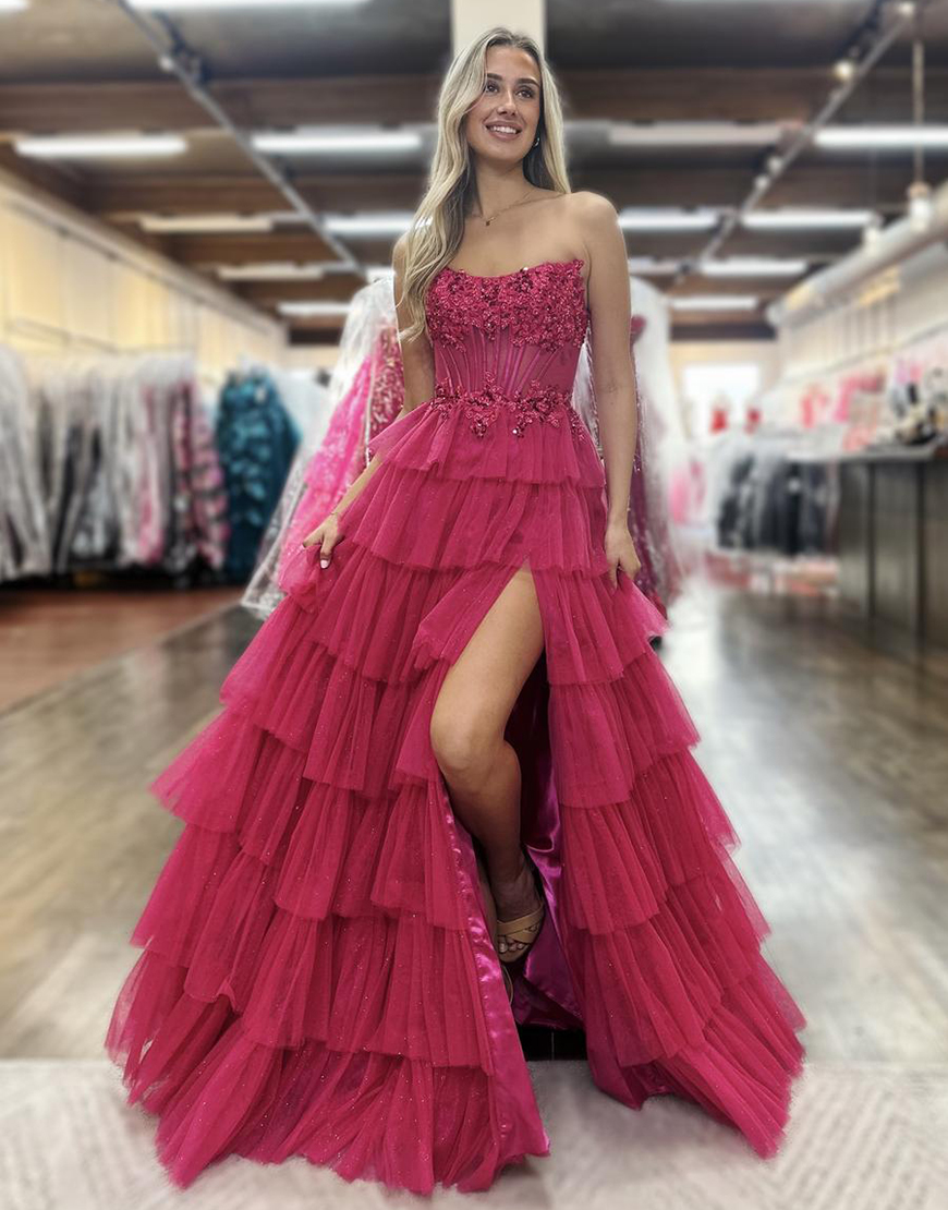 Sparkly Fuchsia A-Line Strapless Corset Ruffles Appliques Long Prom Dress with Appliques