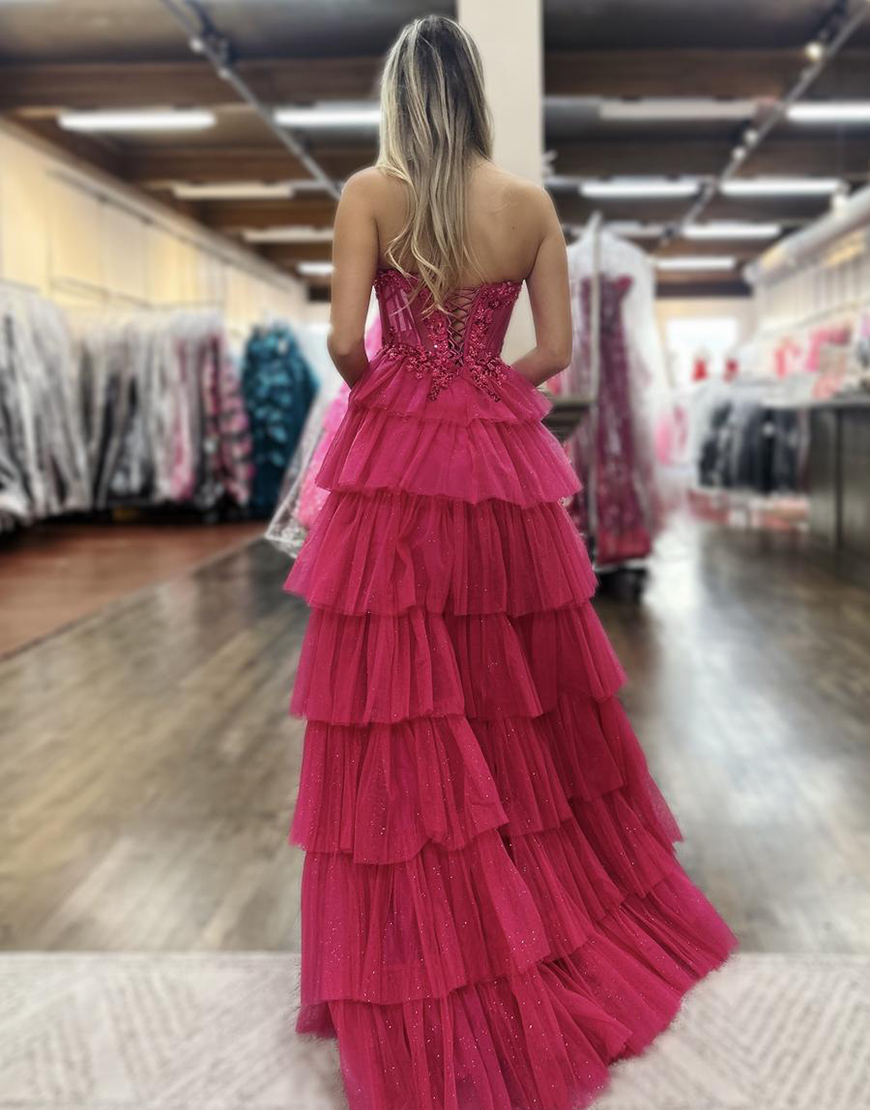 Sparkly Fuchsia A-Line Strapless Corset Ruffles Appliques Long Prom Dress with Appliques