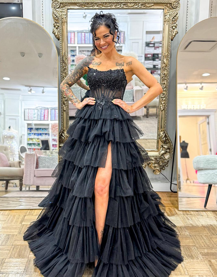 Sparkly Fuchsia A-Line Strapless Corset Ruffles Appliques Long Prom Dress with Appliques