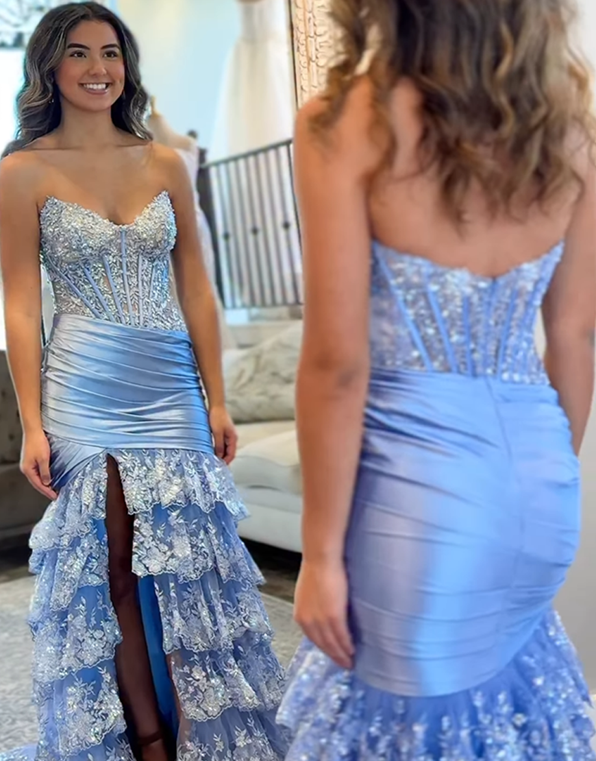 Sparkly Red Mermaid Strapless Corset Sequined Ruffles Long Prom Dress with Slit