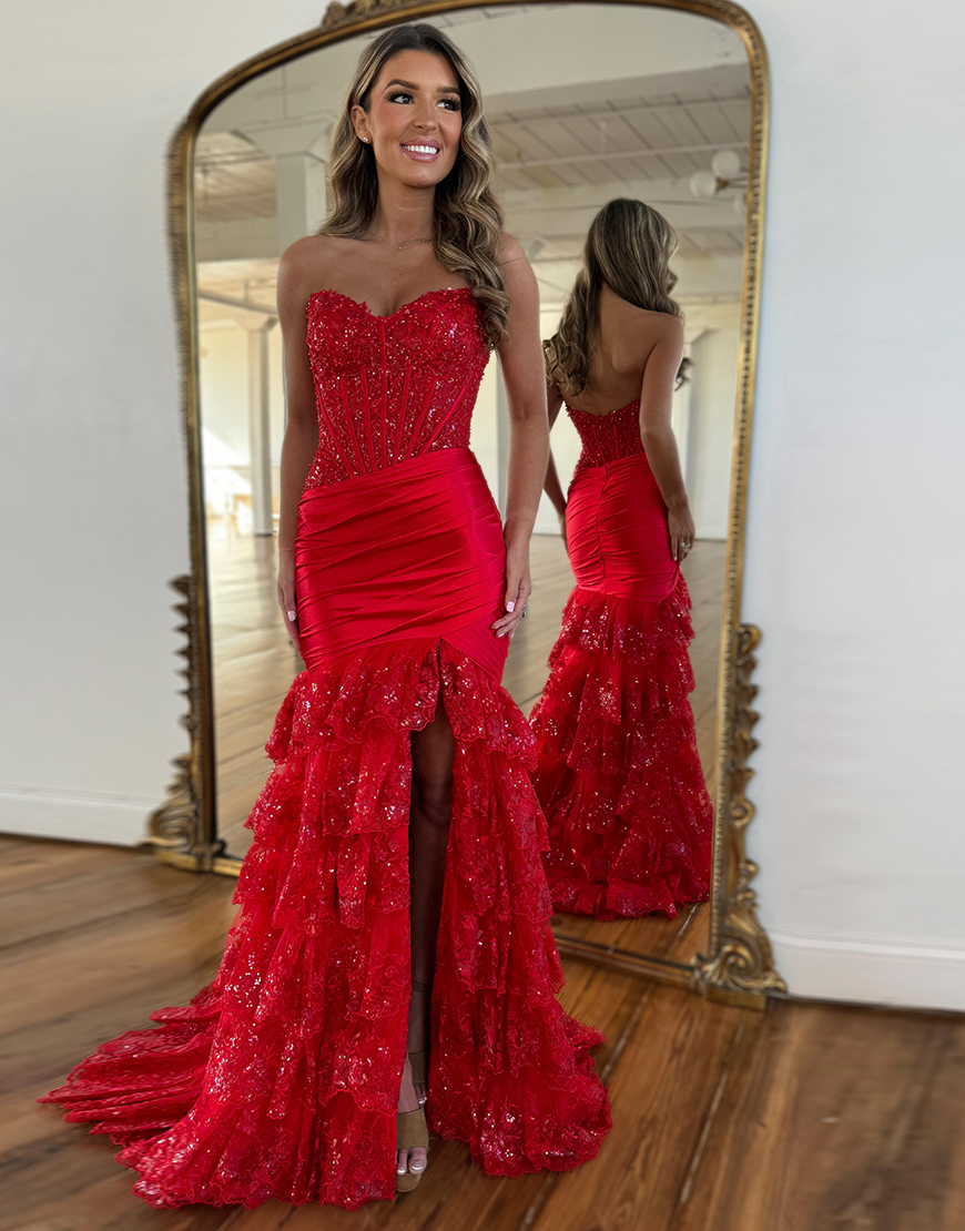 Sparkly Red Mermaid Strapless Corset Sequined Ruffles Long Prom Dress with Slit