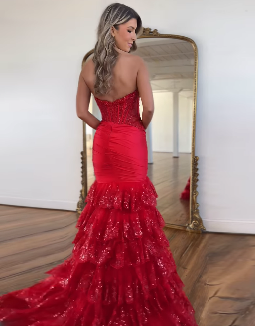 Sparkly Red Mermaid Strapless Corset Sequined Ruffles Long Prom Dress with Slit