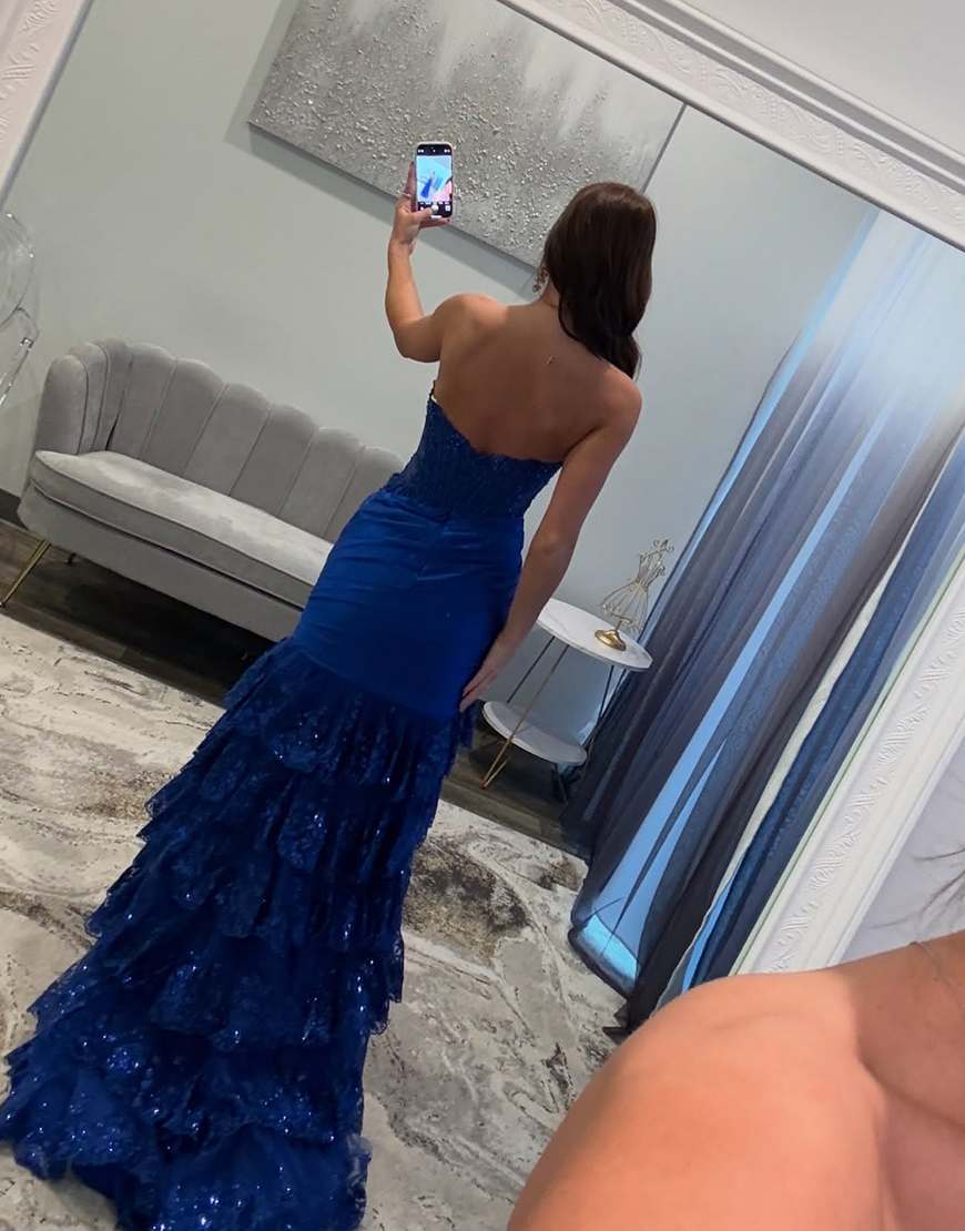 Sparkly Red Mermaid Strapless Corset Sequined Ruffles Long Prom Dress with Slit