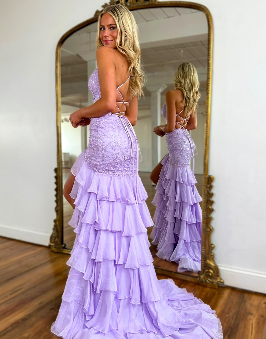 Sparkly Lilac Mermaid Spaghetti Straps Ruffles Long Prom Dress with Sequined Appliques