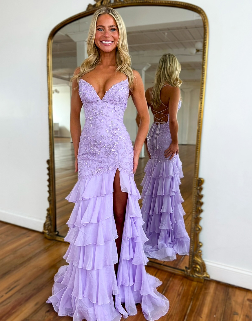 Sparkly Lilac Mermaid Spaghetti Straps Ruffles Long Prom Dress with Sequined Appliques