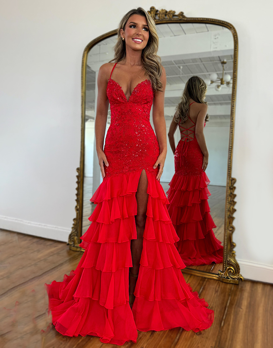 Sparkly Lilac Mermaid Spaghetti Straps Ruffles Long Prom Dress with Sequined Appliques