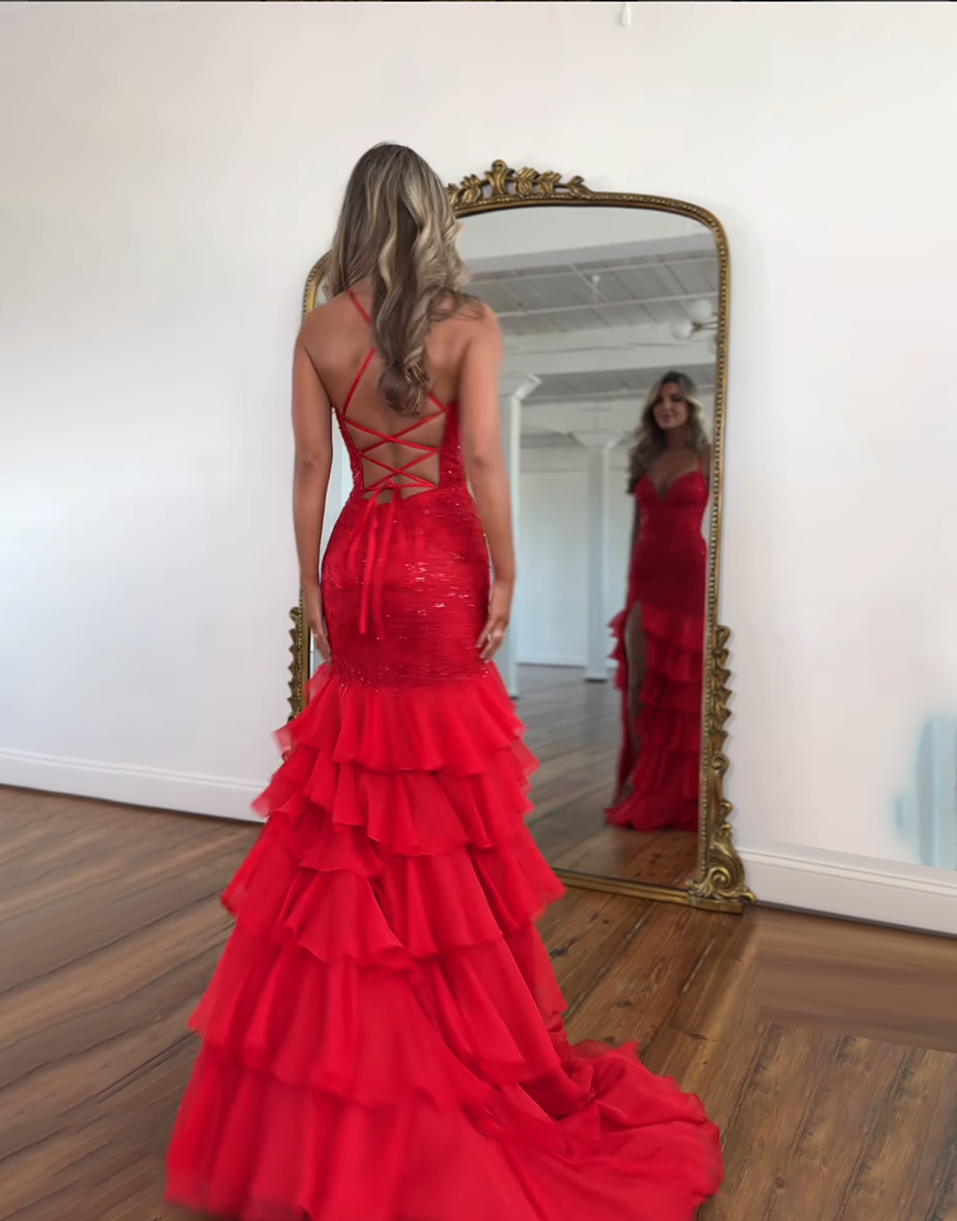 Sparkly Lilac Mermaid Spaghetti Straps Ruffles Long Prom Dress with Sequined Appliques