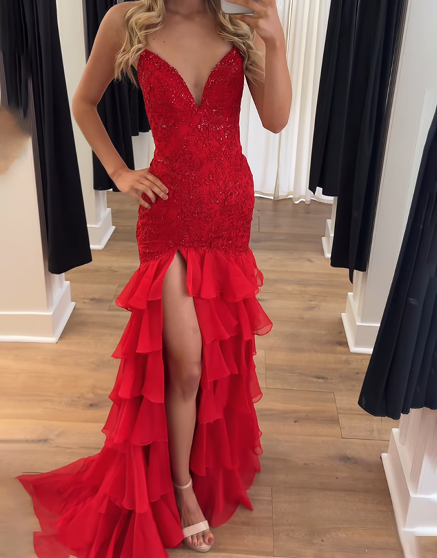 Sparkly Yellow Mermaid Spaghetti Straps Ruffles Long Prom Dress with Sequined Appliques