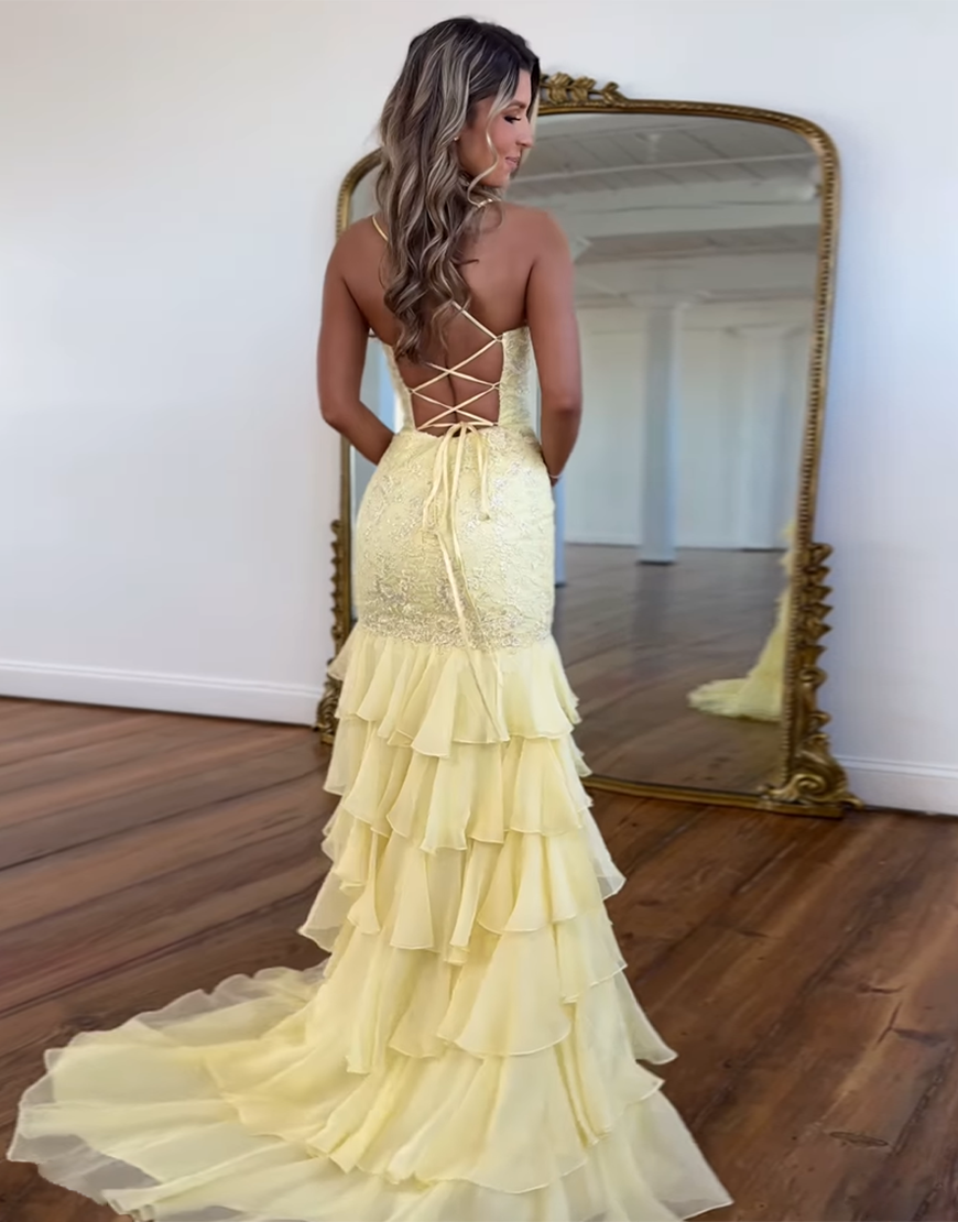 Sparkly Lilac Mermaid Spaghetti Straps Ruffles Long Prom Dress with Sequined Appliques