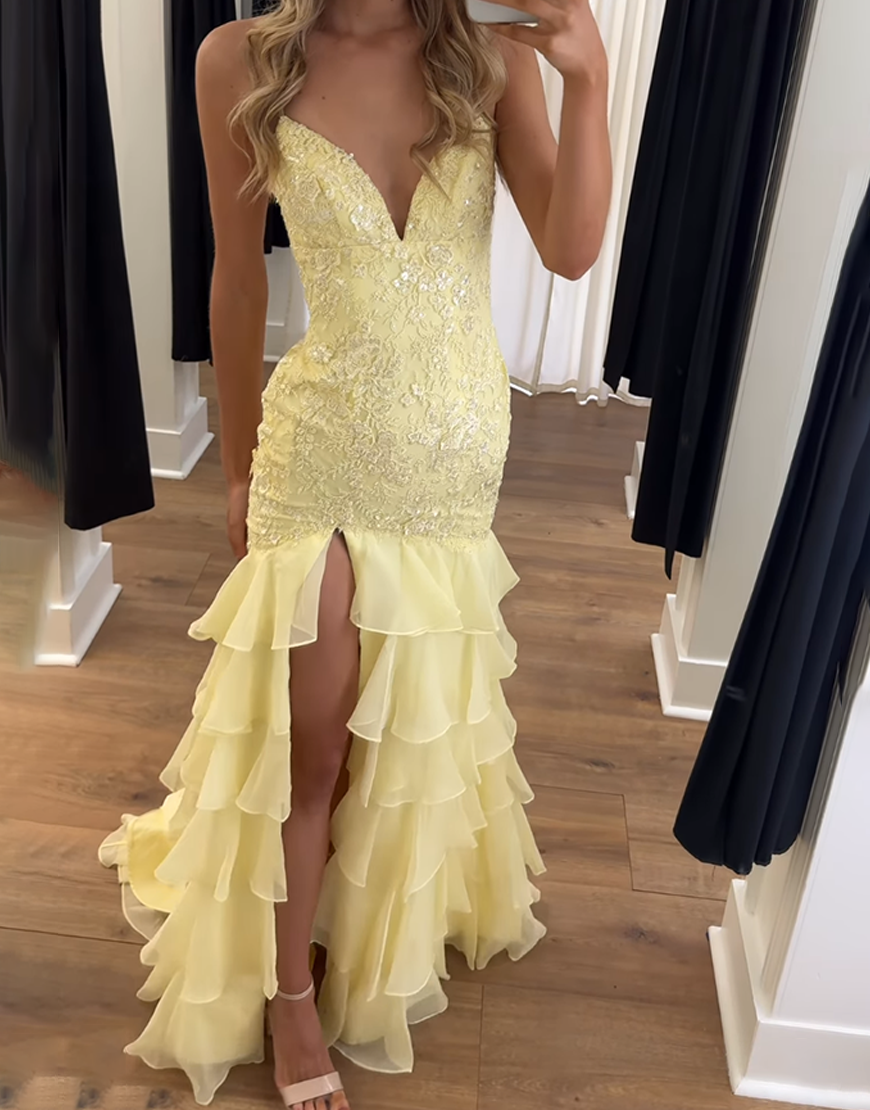 Sparkly Yellow Mermaid Spaghetti Straps Ruffles Long Prom Dress with Sequined Appliques