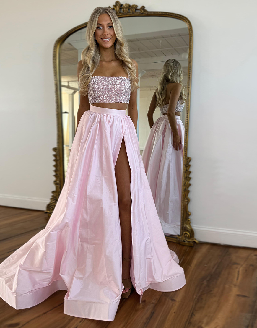 Sparkly White A-Line 2 Pieces Beaded Top Halter Long Prom Dress with Slit