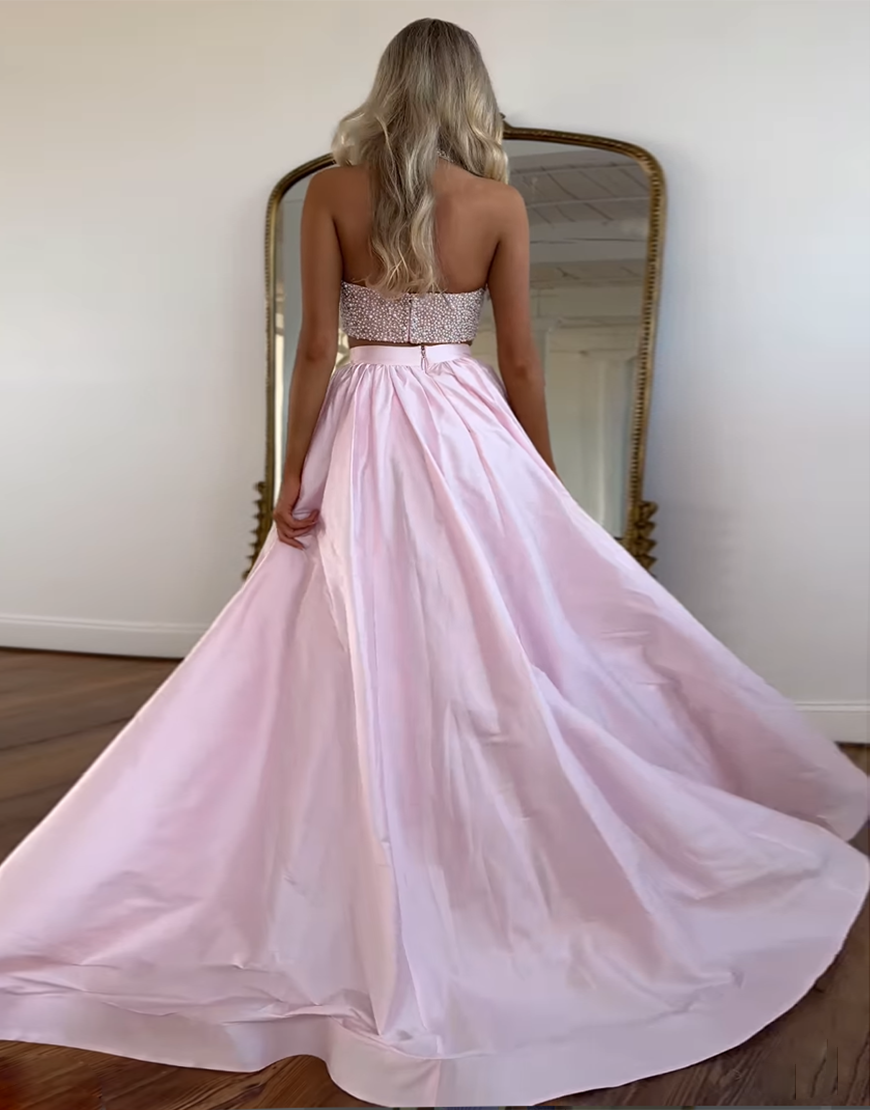 Sparkly White A-Line 2 Pieces Beaded Top Halter Long Prom Dress with Slit
