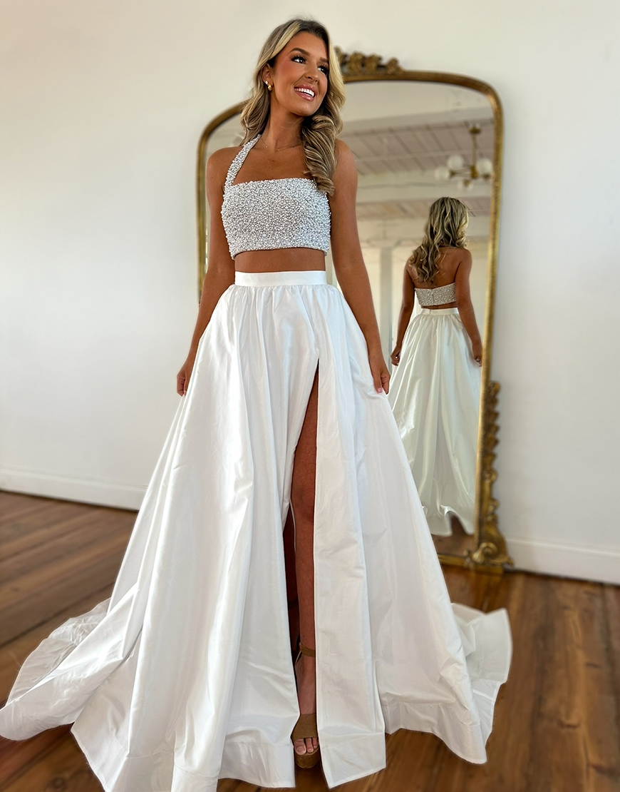 Sparkly White A-Line 2 Pieces Beaded Top Halter Long Prom Dress with Slit