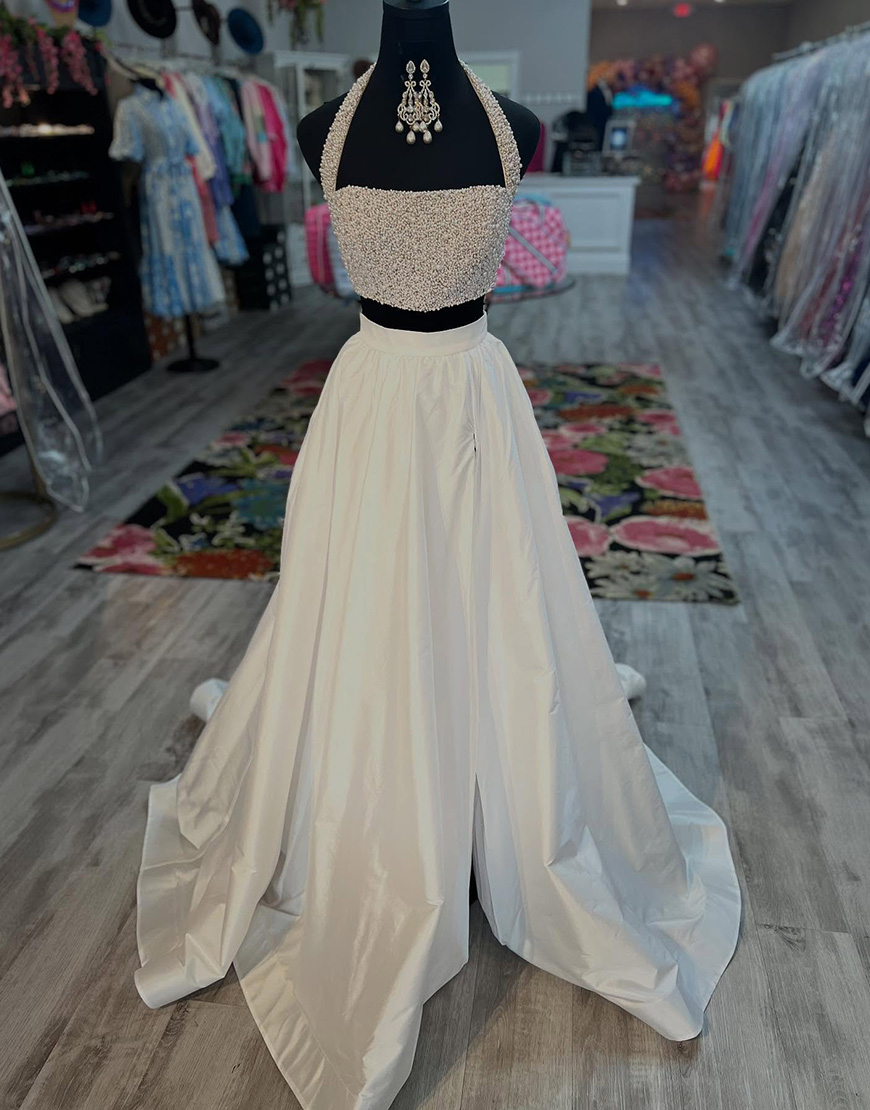 Sparkly White A-Line 2 Pieces Beaded Top Halter Long Prom Dress with Slit