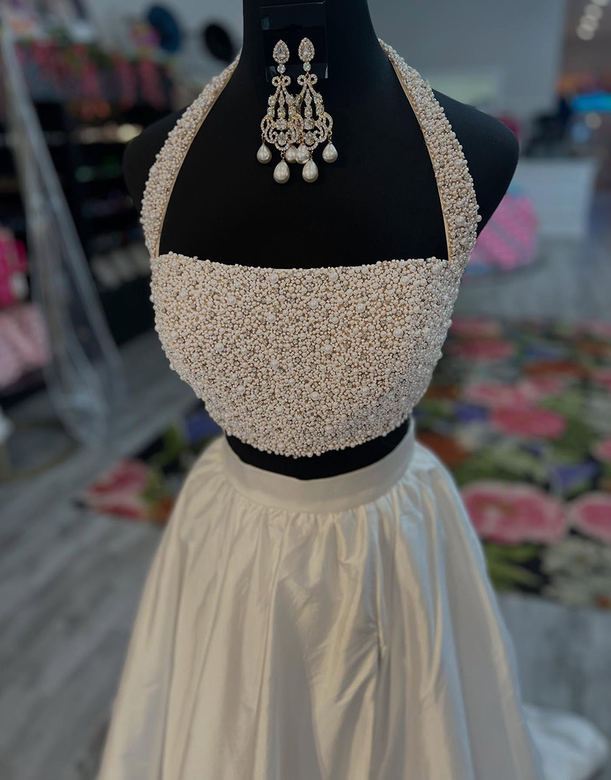 Sparkly White A-Line 2 Pieces Beaded Top Halter Long Prom Dress with Slit