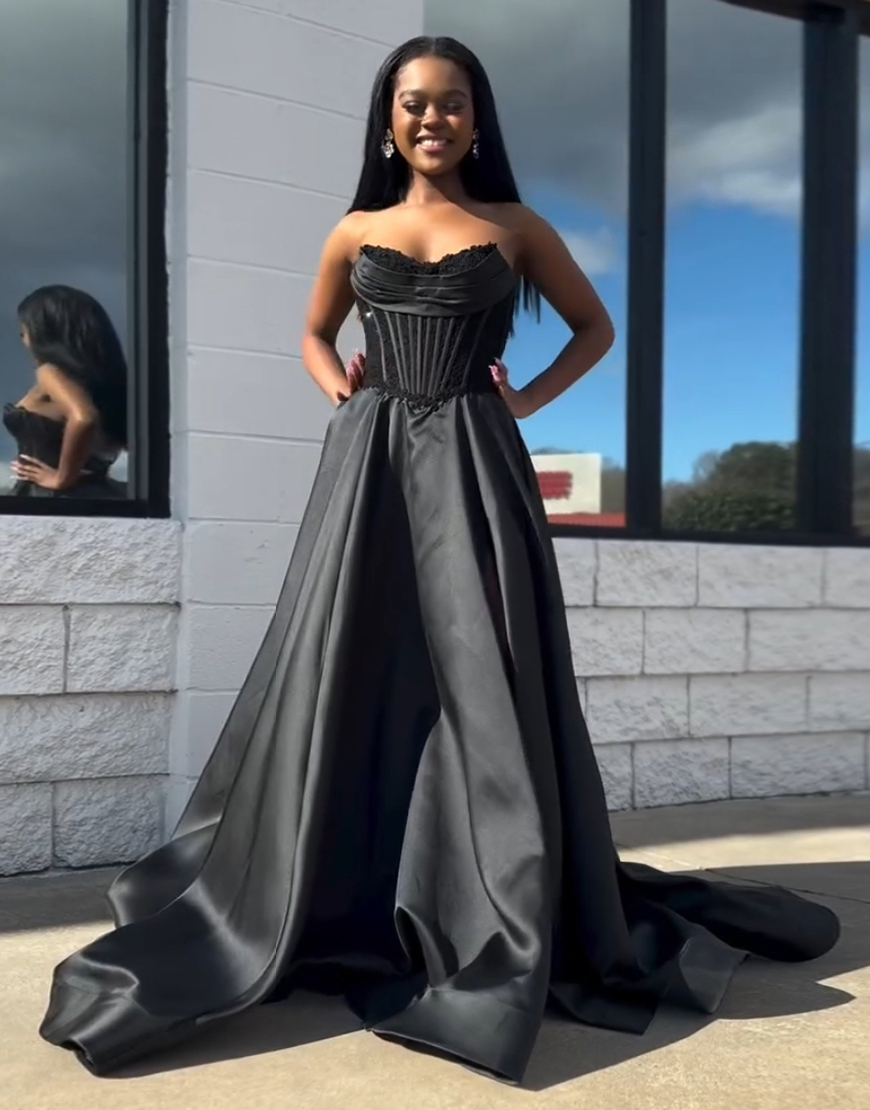 Sparkly Black A-Line Strapless Corset Slit Long Prom Dress with Applique