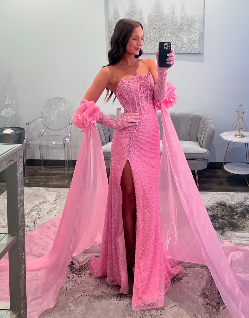 Sparkly Pink Bodycon Strapless Slit Corset Long Prom Dress with Sequin