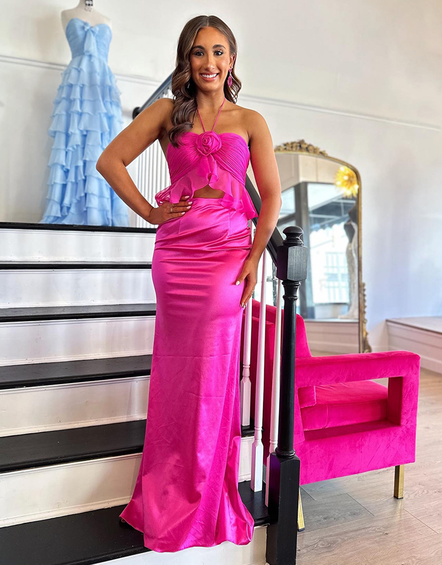 Fuchsia Bodycon Halter Satin Two Piece Long Prom Dress with 3D Flower
