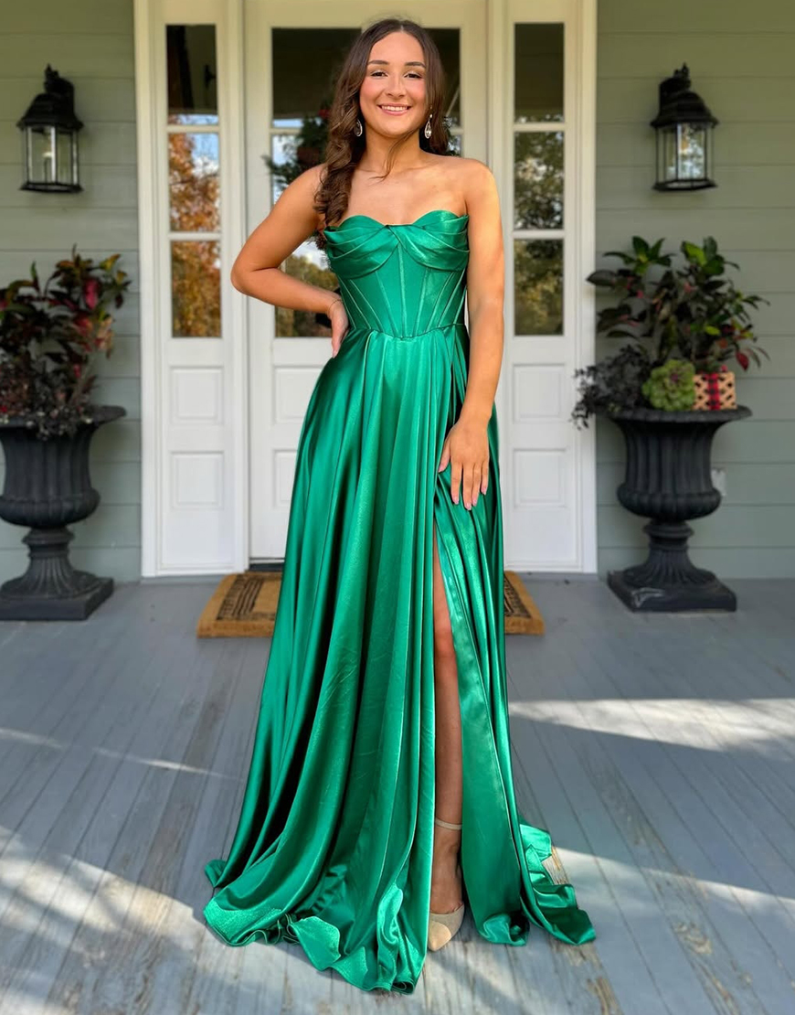 Dark Green Bodycon Strapless Satin Corset Long Prom Dress with Slit