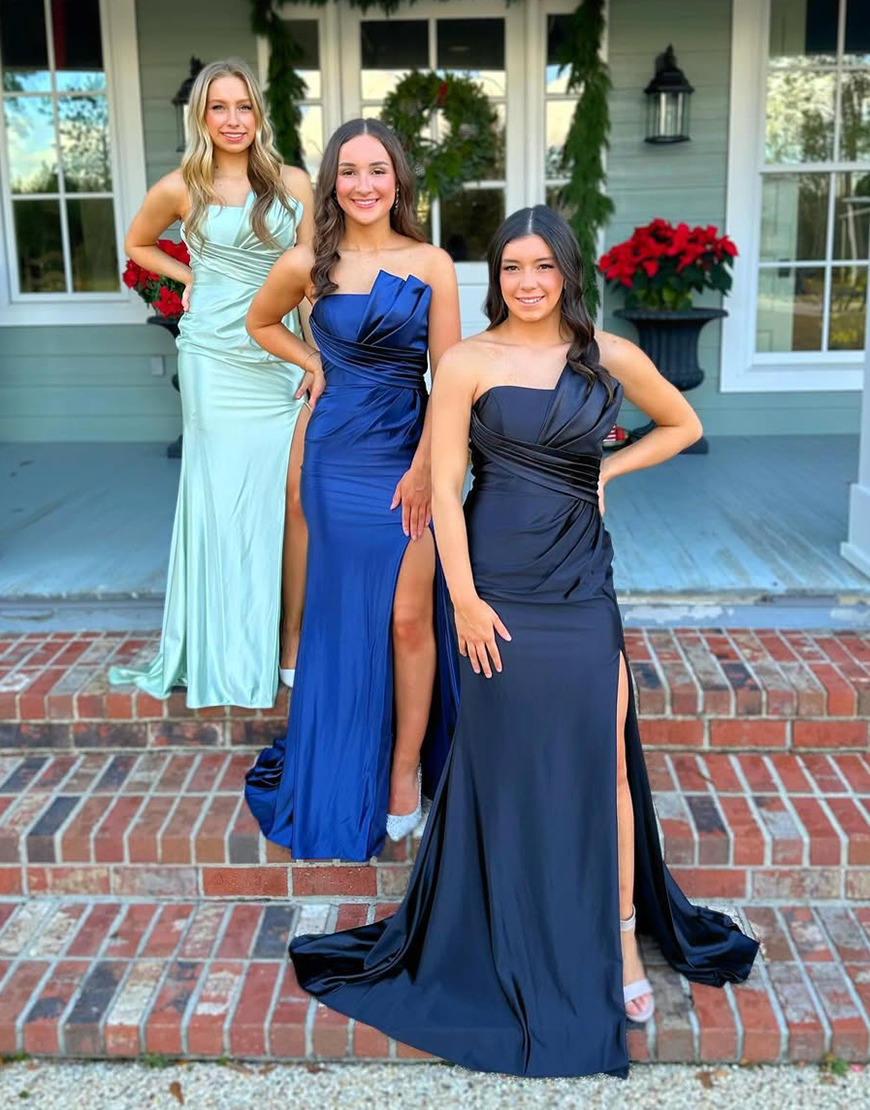 Black Bodycon Strapless Satin Ruched Long Prom Dress With Slit