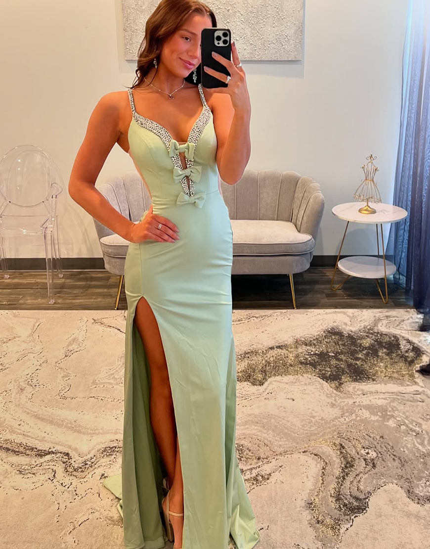 Sparkly Light Green Mermaid Beaded Spaghetti Straps Slit Long Prom Dress with Bow