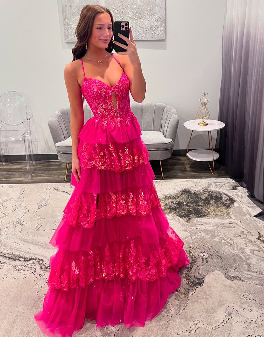 Sparkly Fuchsia A-Line Spaghetti Straps Ruffles Corset Slit Long Prom Dress with Appliques