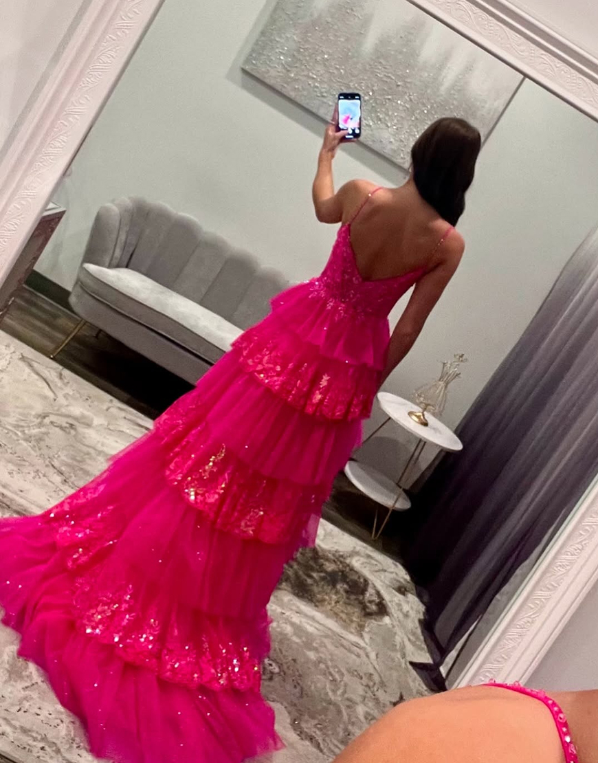 Sparkly Fuchsia A-Line Spaghetti Straps Ruffles Corset Slit Long Prom Dress with Appliques