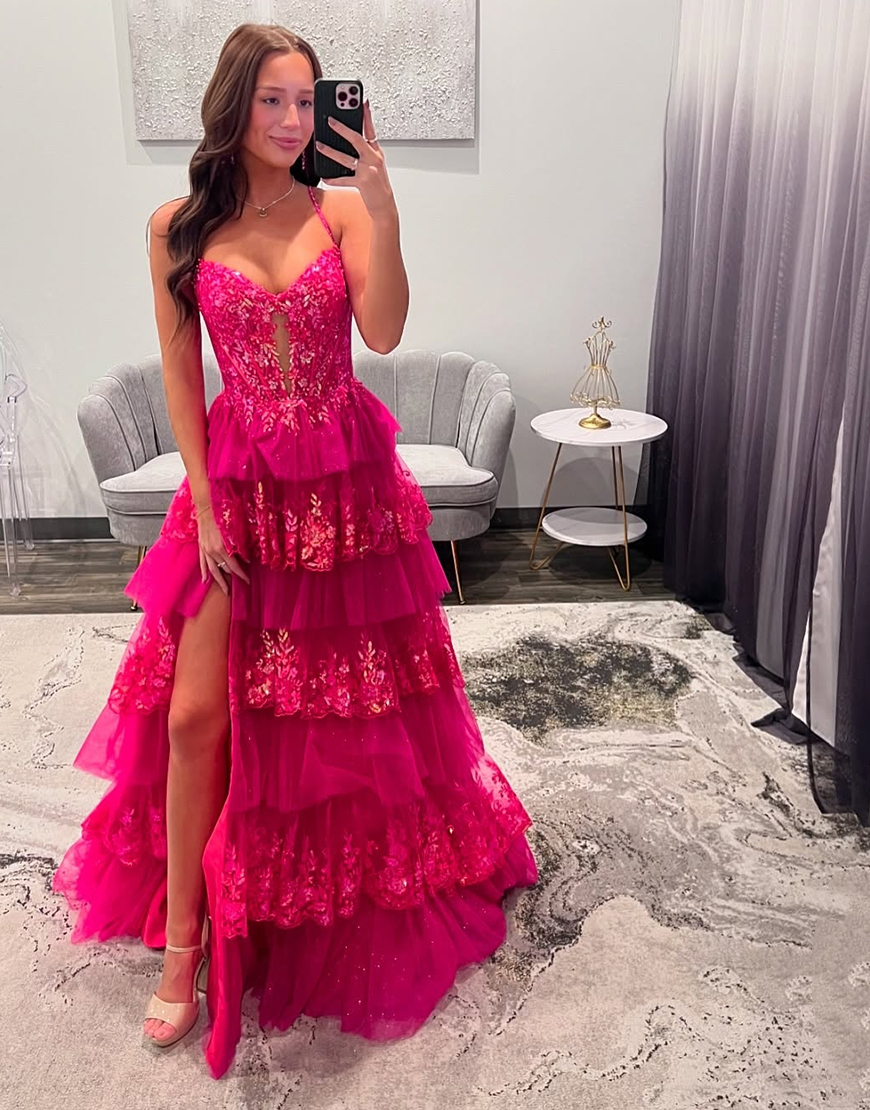 Sparkly Fuchsia A-Line Spaghetti Straps Ruffles Corset Slit Long Prom Dress with Appliques
