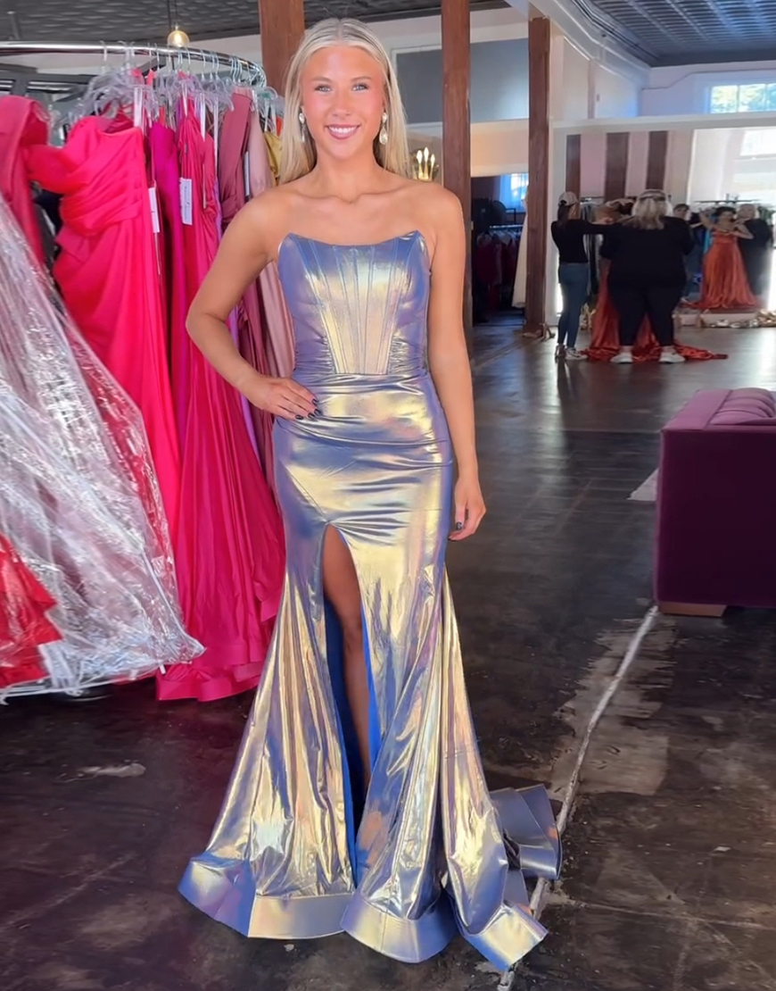Blue Golden Mermaid Strapless Slit Corset Long Metallic Prom Dress with Bow