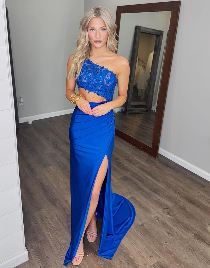 Glitter Royal Blue Laced Mermaid One Shoulder Cut Out Waist Long Prom Dress with Slit