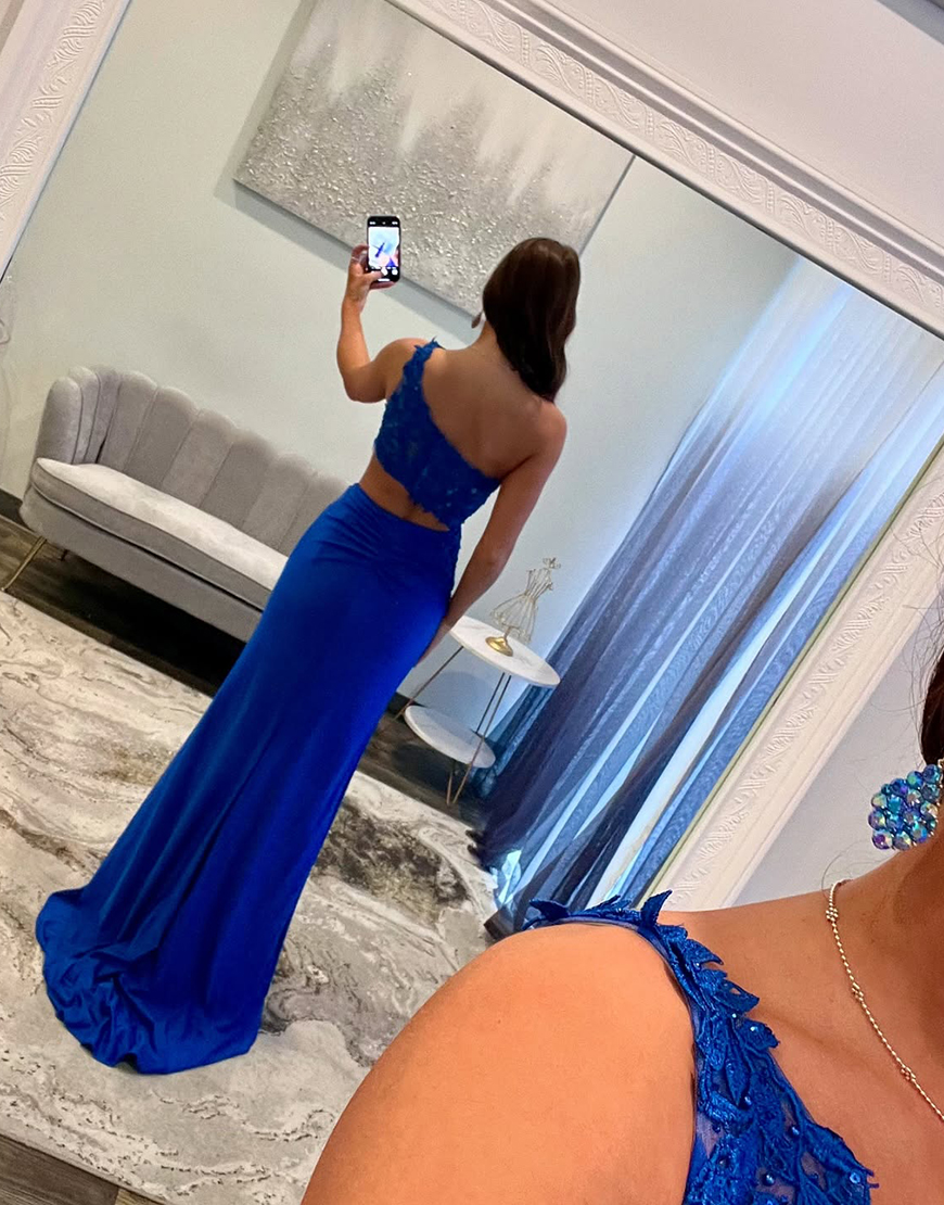 Sparkly Royal Blue Laced Mermaid One Shoulder Cut Out Waist Long Prom Dress with Slit