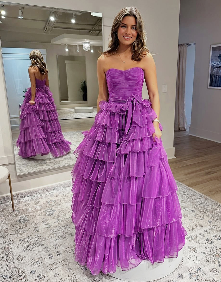 Dark Purple A-Line Strapless Tulle Long Prom Dress with Ruffle