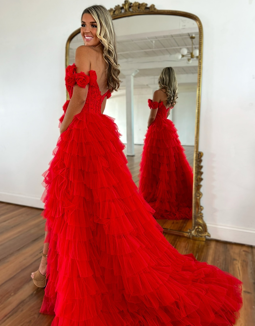 Red A-Line Flower Off the Shoulder Ruffles Tulle Corset Long Prom Dress with Slit