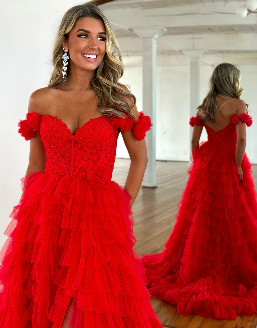 Red A-Line Flower Off the Shoulder Ruffles Tulle Corset Long Prom Dress with Slit