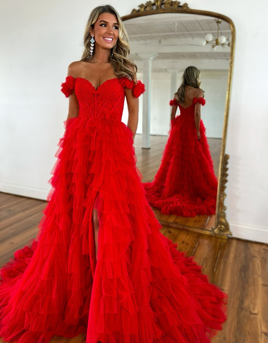 Red A-Line Flower Off the Shoulder Ruffles Tulle Corset Long Prom Dress with Slit
