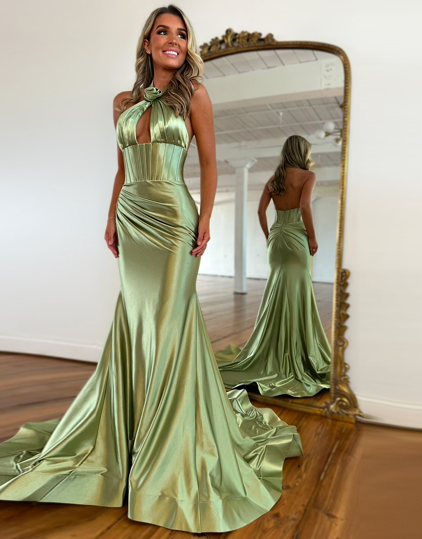 Sage Mermaid Halter Flower Satin Pleating Long Prom Dress