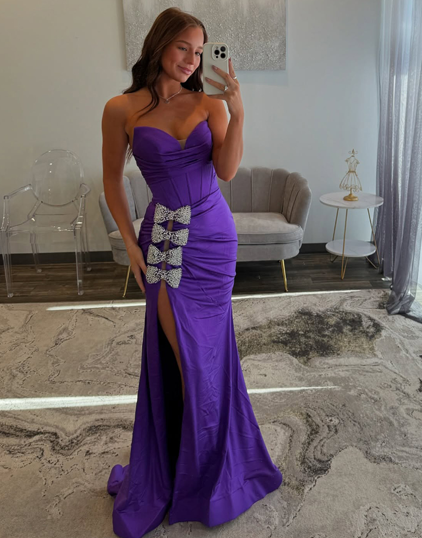 Sparkly Purple Mermaid Strapless Corset Slit Long Prom Dress with Beaded Bows