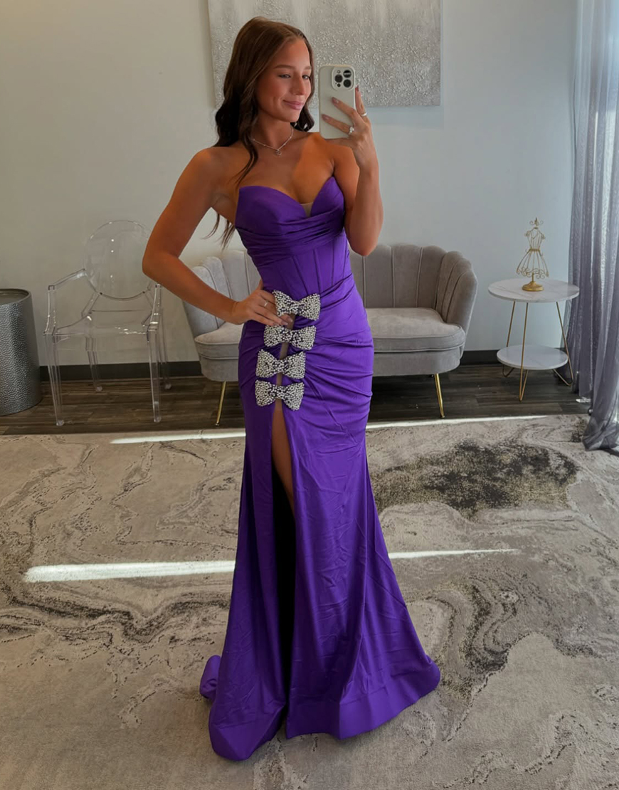 Sparkly Purple Mermaid Strapless Corset Slit Long Prom Dress with Beaded Bows