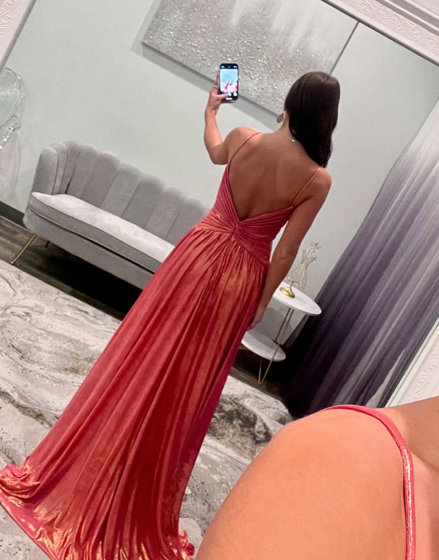 Metallic Orange A-Line Spaghetti Straps Ruched Long Prom Dress with Slit