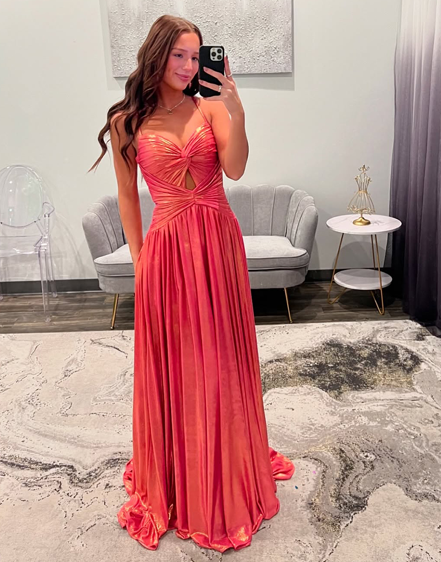 Metallic Orange A-Line Spaghetti Straps Ruched Long Prom Dress with Slit